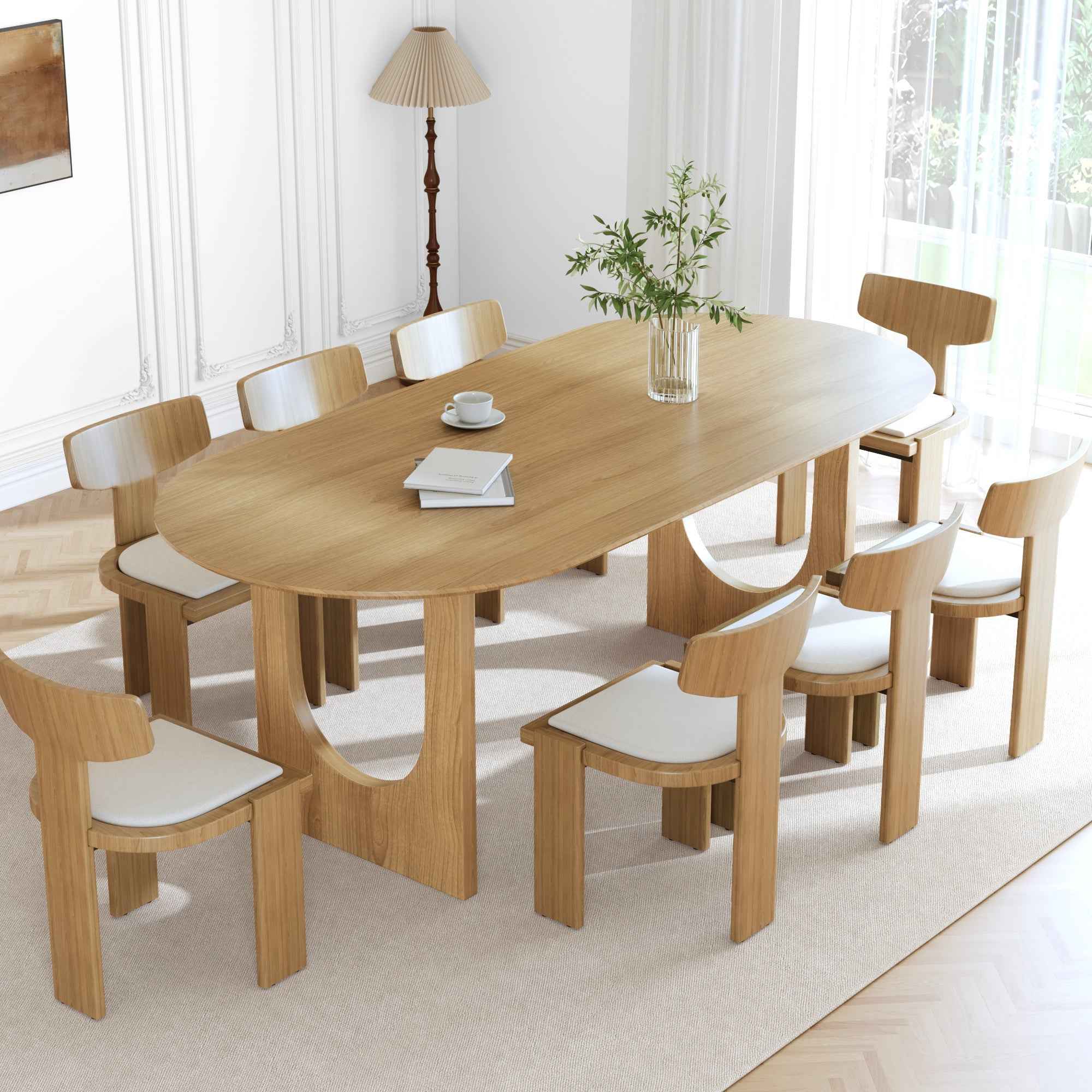 79" Natural Solid Wood Mirrored Double Pedestal Base Oval Dining Table