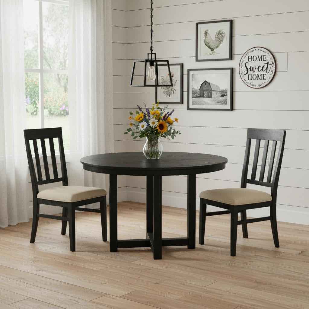 45" Black Solid Wood Mirrored Double Pedestal Base Round Top Dining Table