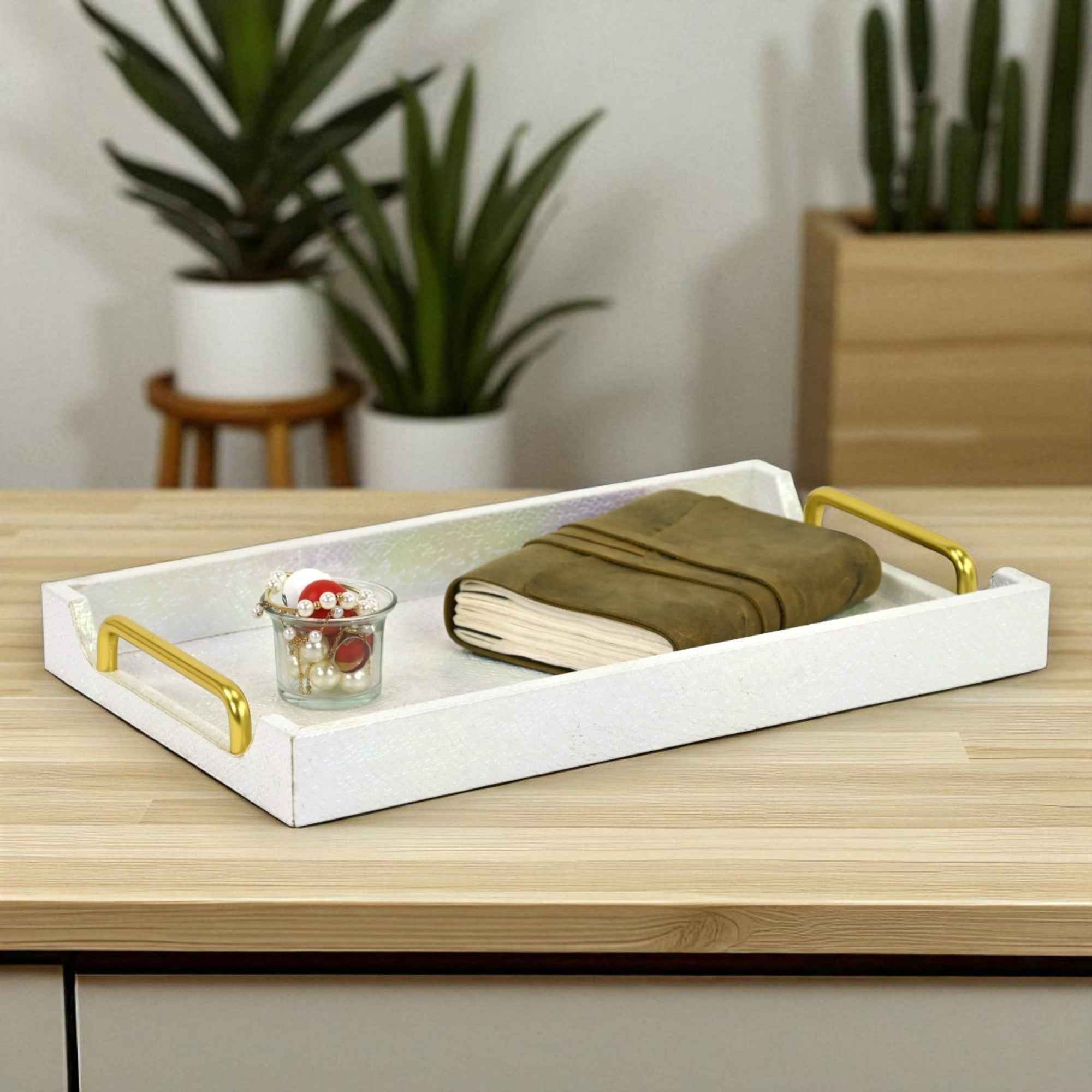 16" White Handmade Serving Tray With Handles