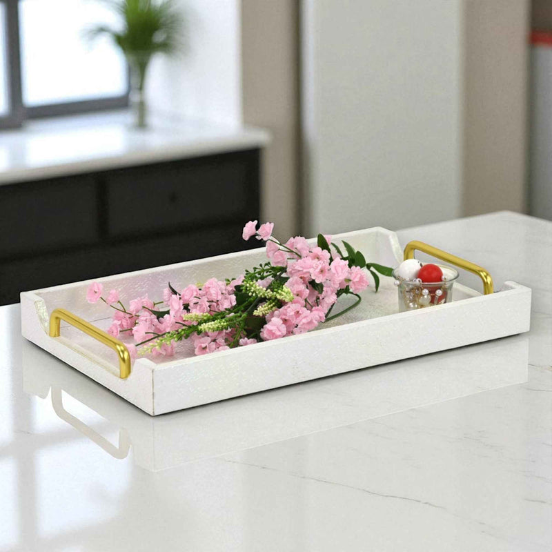 16" White Handmade Serving Tray With Handles