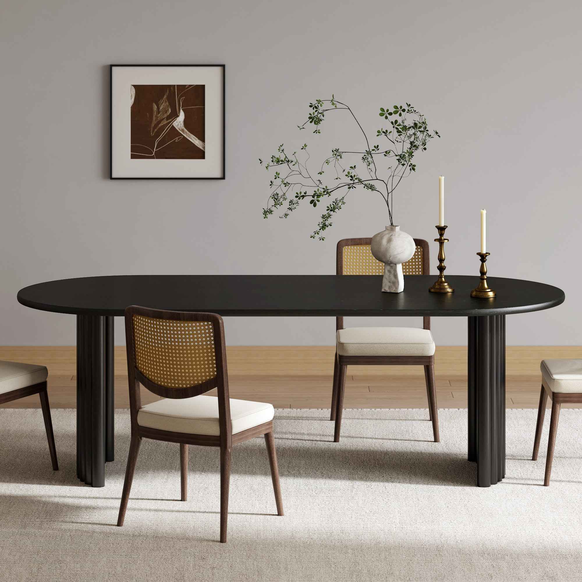 79" Black Solid Wood Mirrored Double Pedestal Base Oval Dining Table