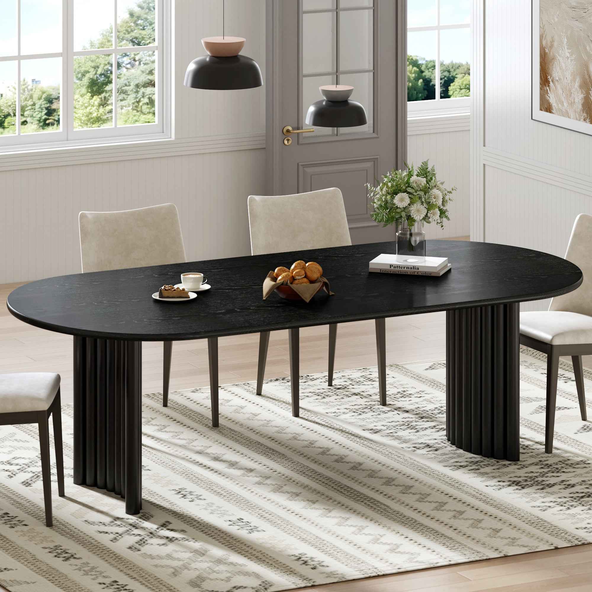 79" Black Solid Wood Mirrored Double Pedestal Base Oval Dining Table