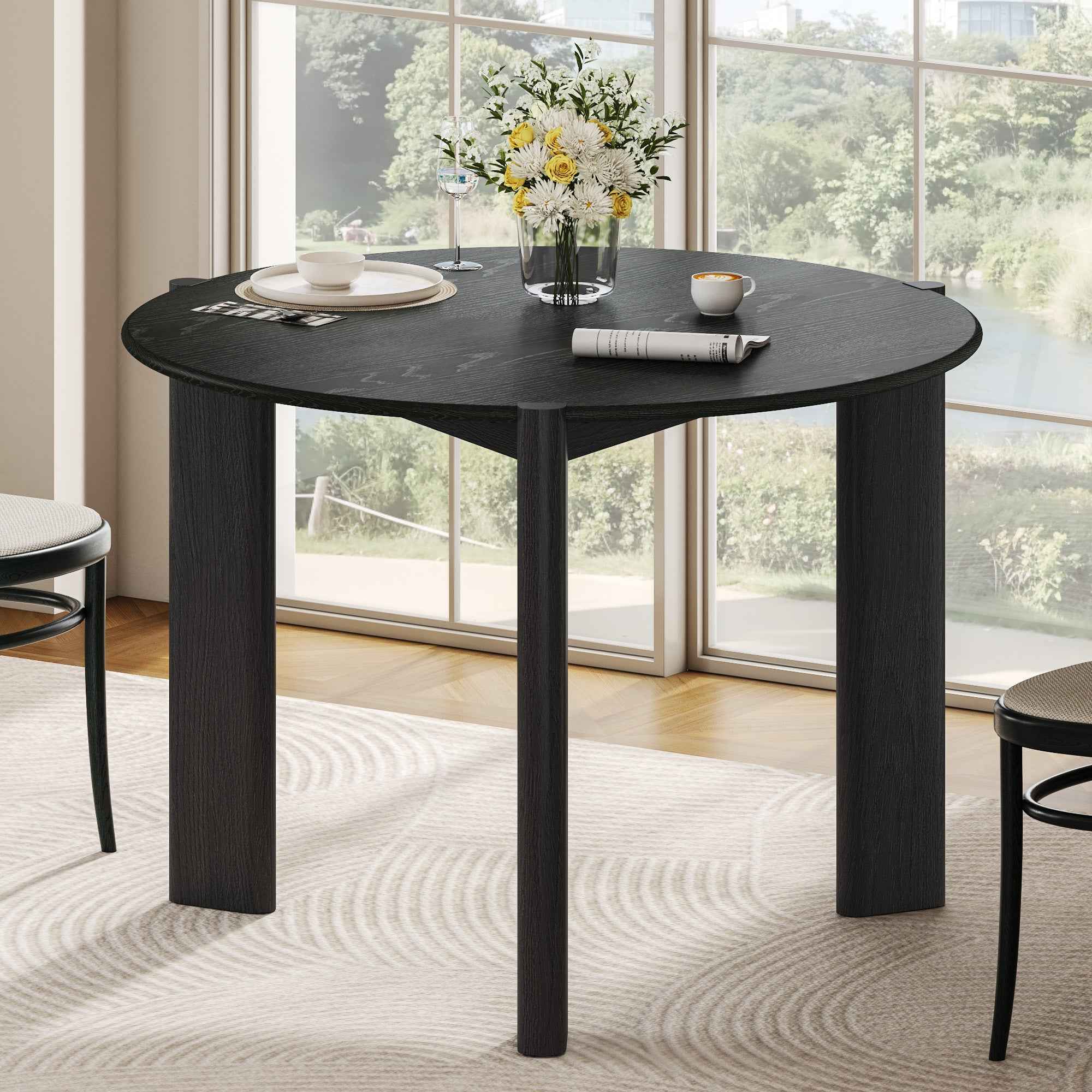 42" Black Solid Wood Mirrored Double Pedestal Base Round Top Dining Table