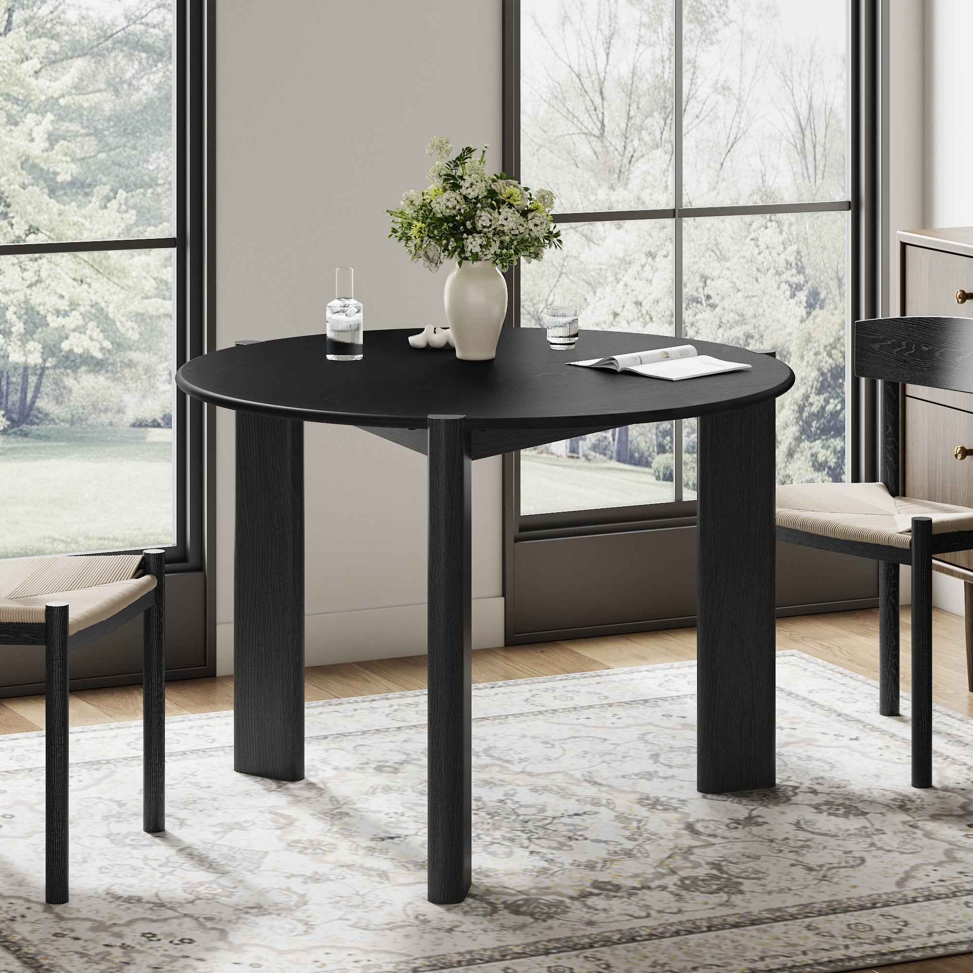 42" Black Solid Wood Mirrored Double Pedestal Base Round Top Dining Table