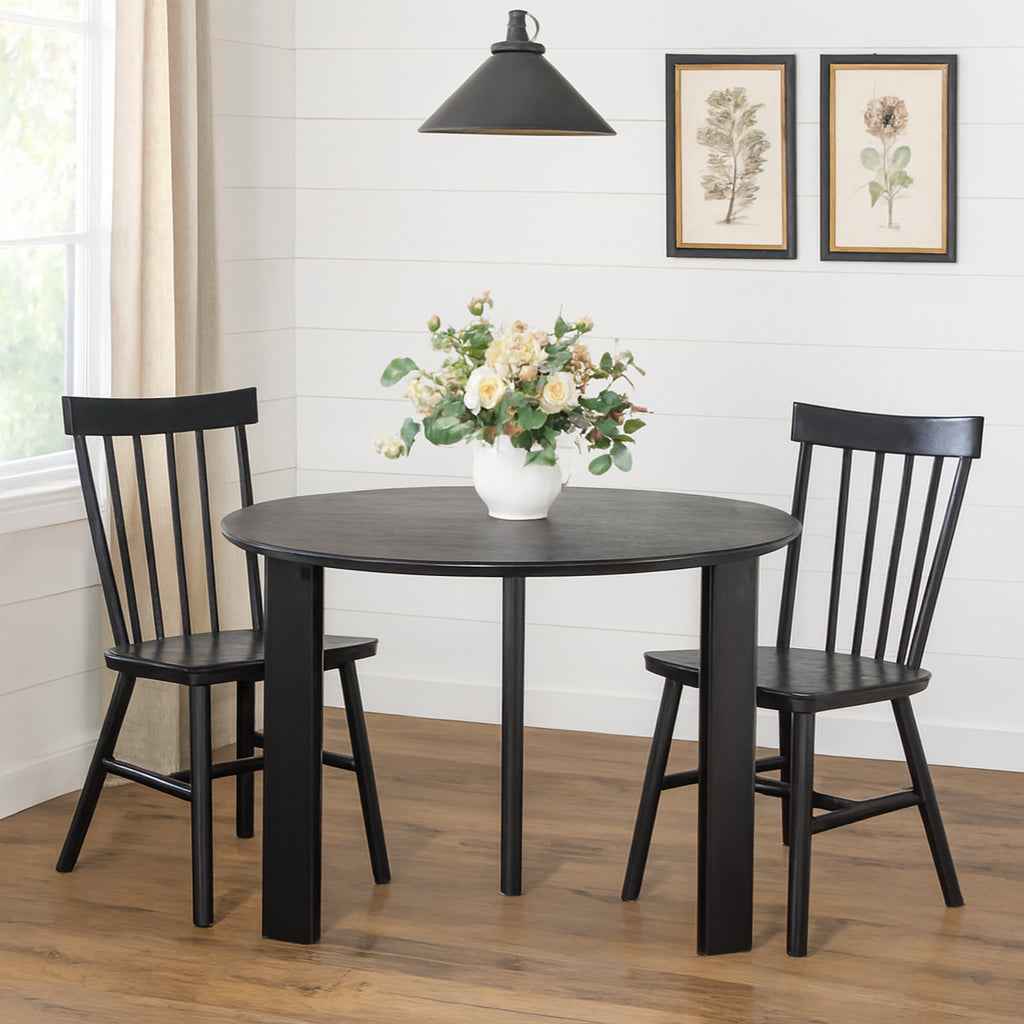 42" Black Solid Wood Mirrored Double Pedestal Base Round Top Dining Table