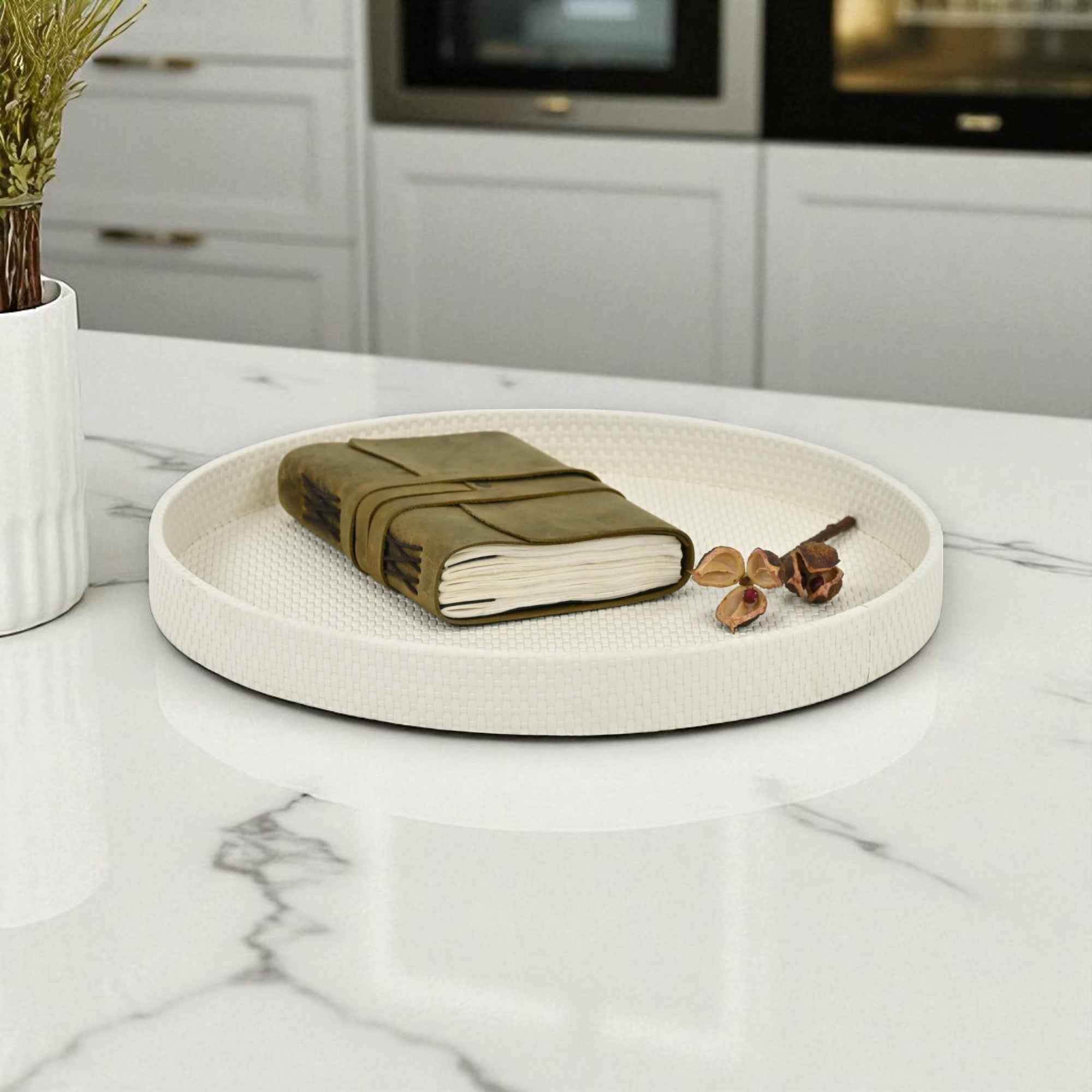 15" White Handmade Round Serving Tray