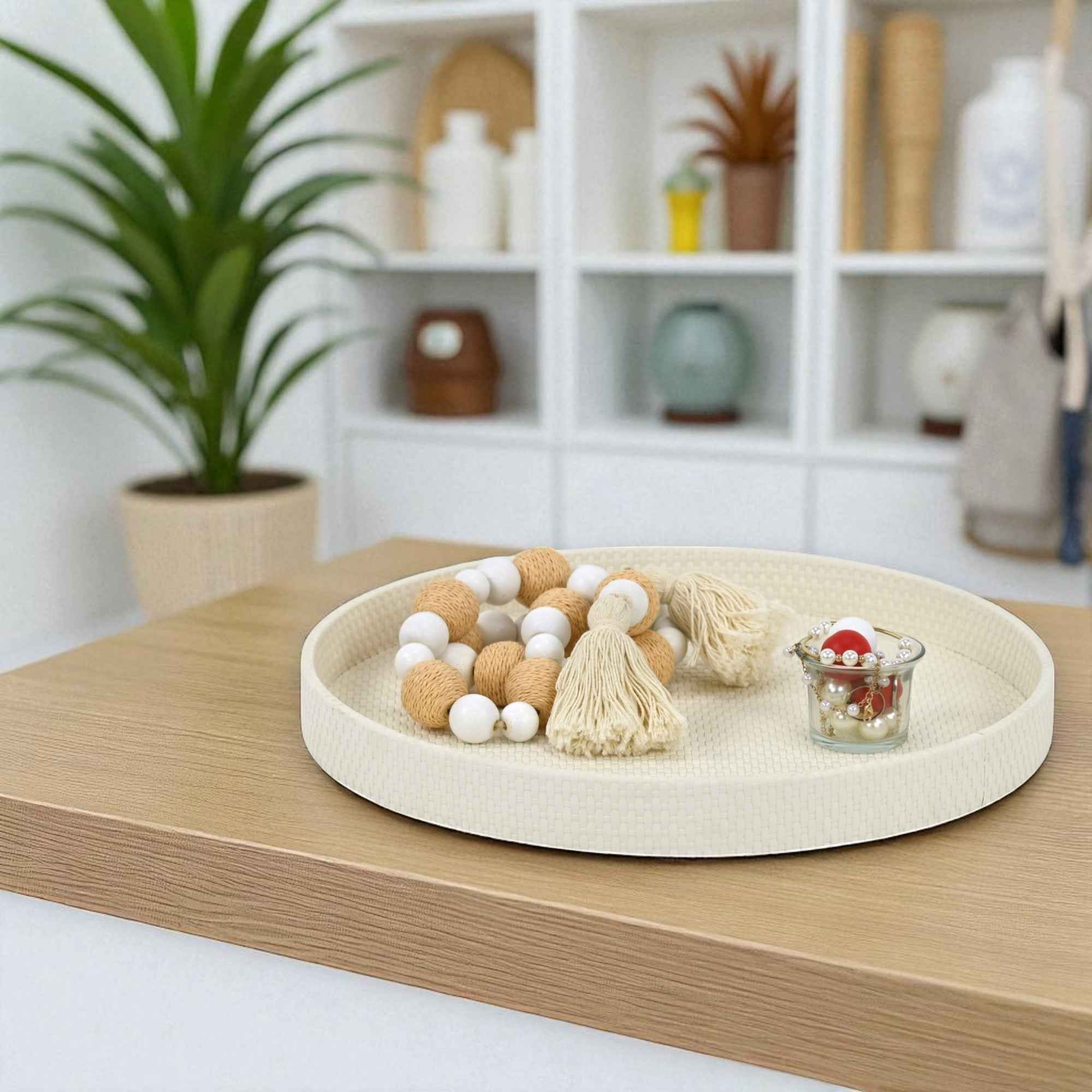 15" White Handmade Round Serving Tray