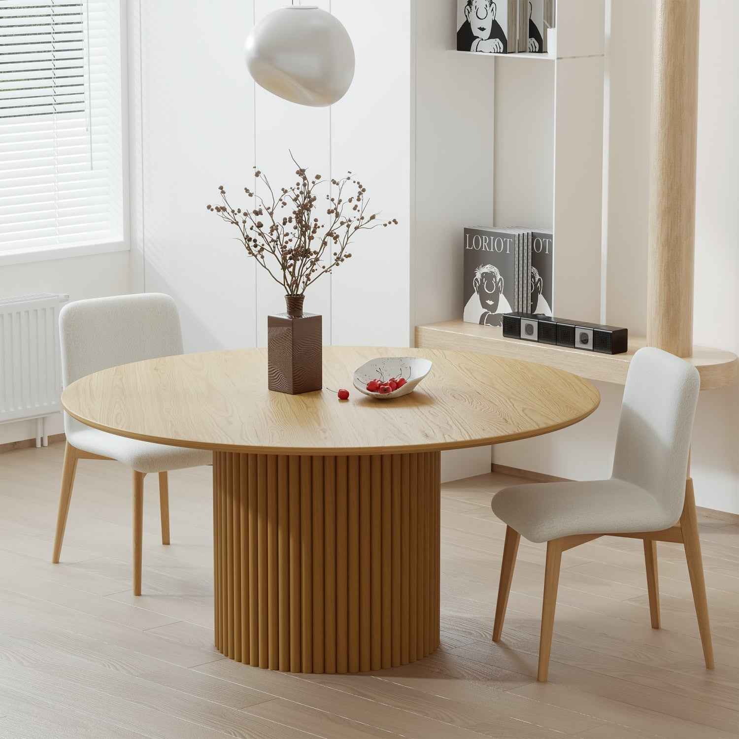 60" Natural Wood Pedestal Base Round Top Dining Table