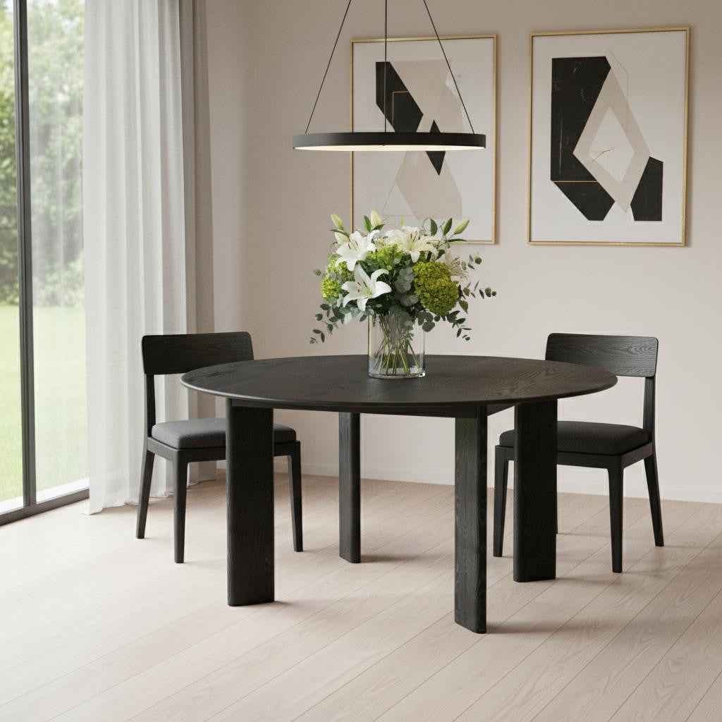 58" Black Solid Wood Round Top Dining Table