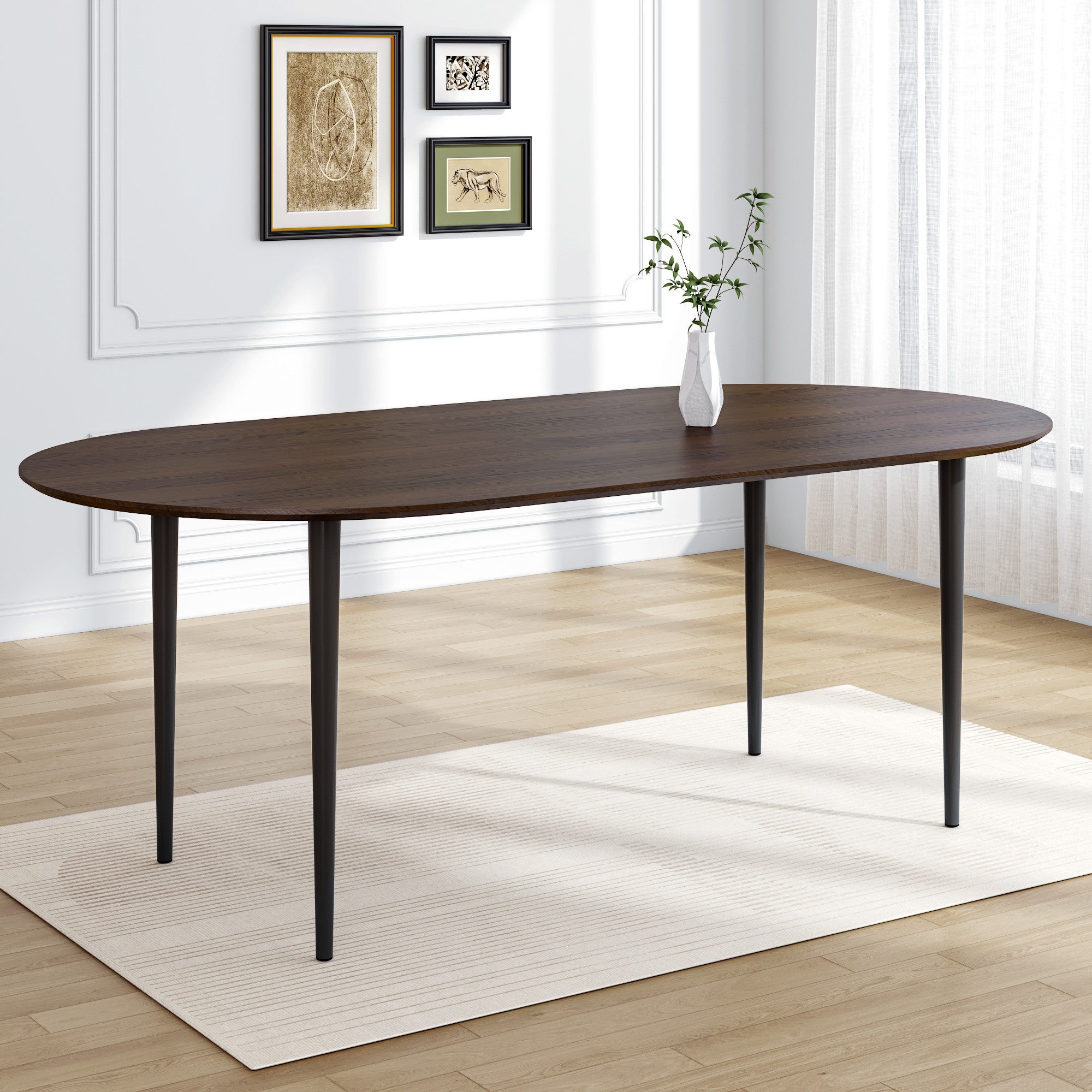 67" Walnut Solid Wood Mirrored Double Pedestal Base Oval Dining Table