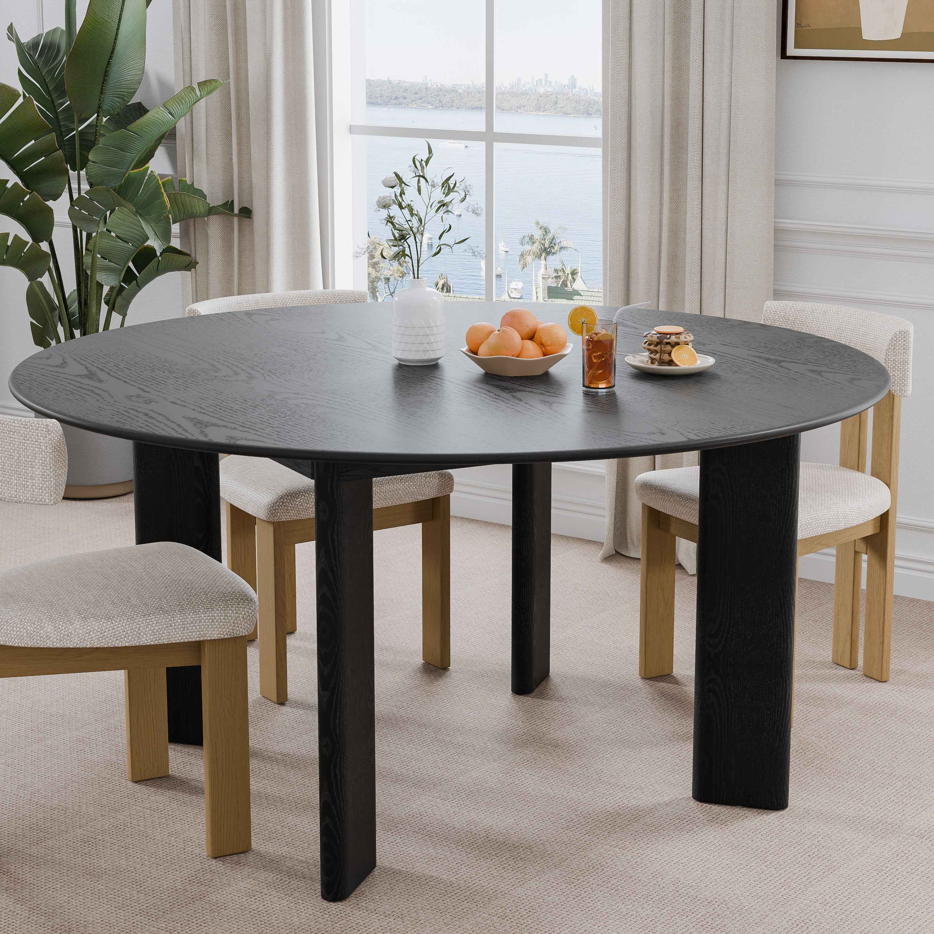 58" Black Solid Wood Round Top Dining Table