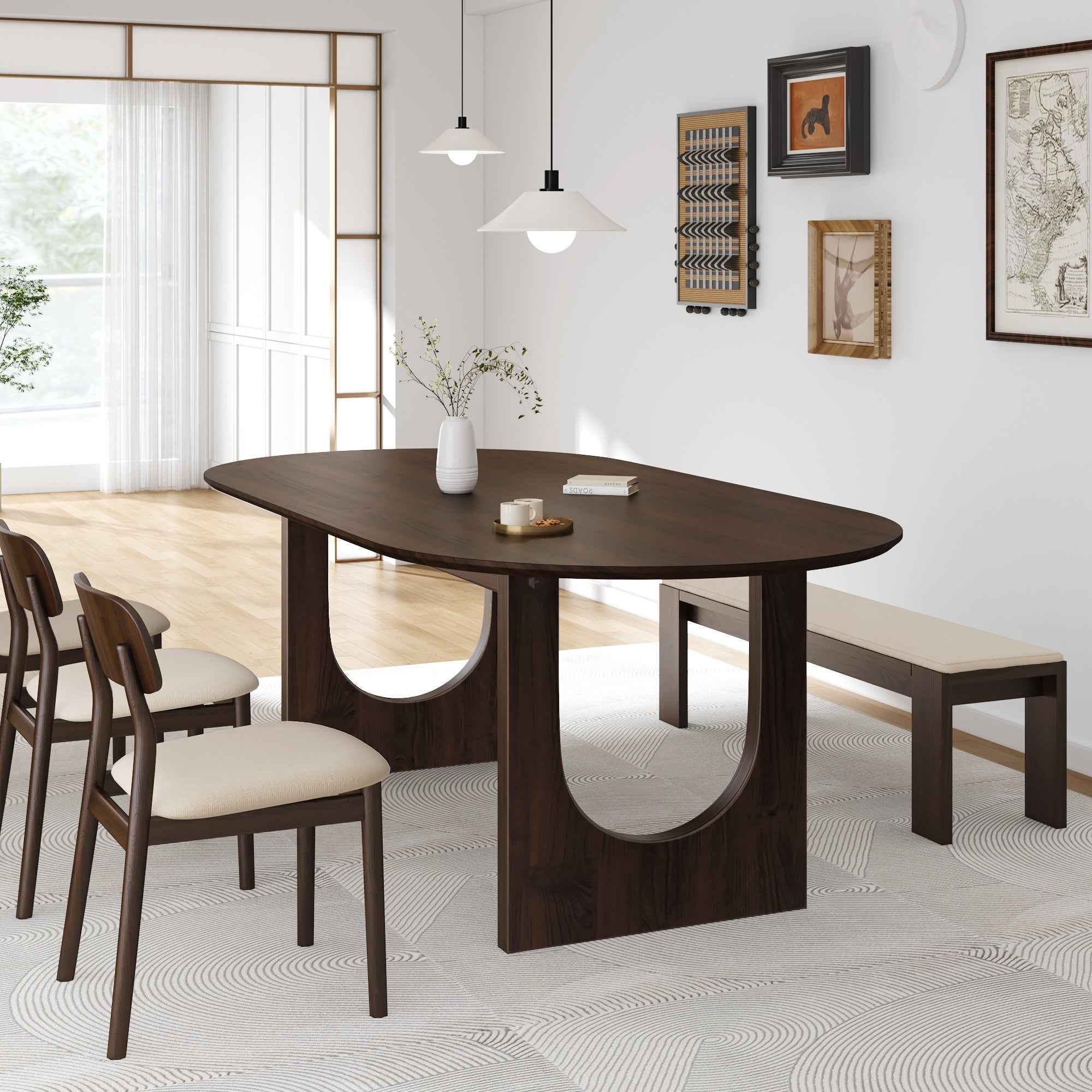 79" Walnut Solid Wood Mirrored Double Pedestal Base Oval Dining Table