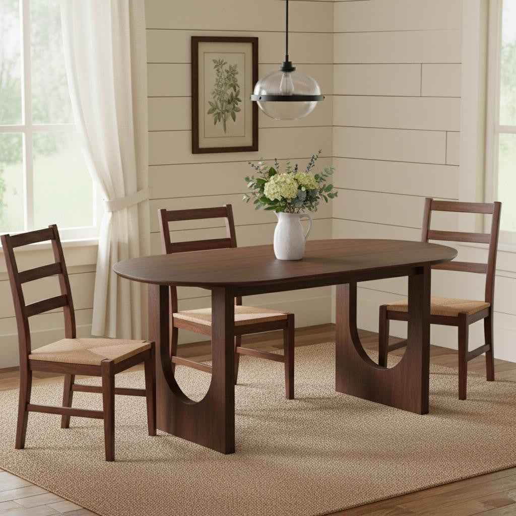 79" Walnut Solid Wood Mirrored Double Pedestal Base Oval Dining Table