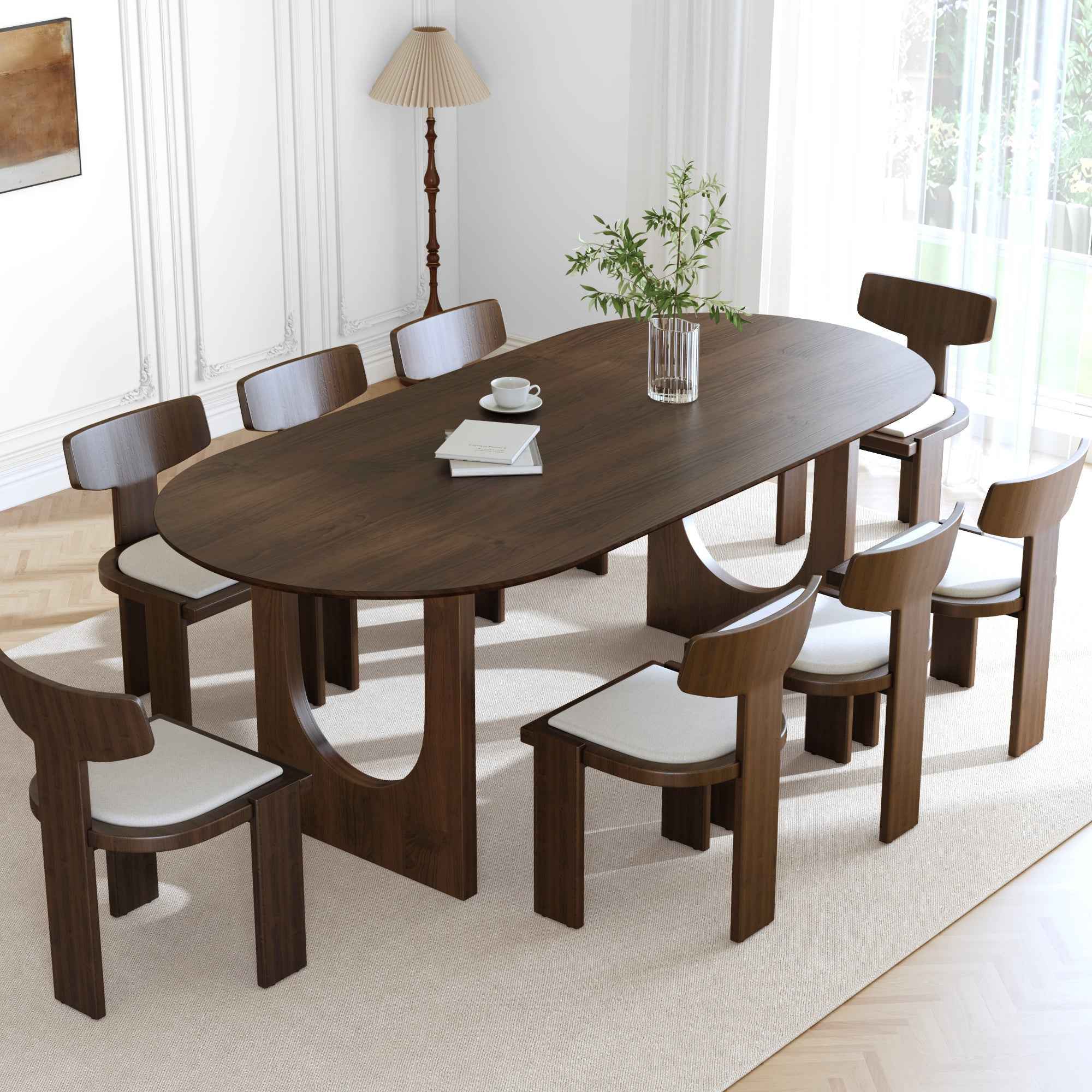 79" Walnut Solid Wood Mirrored Double Pedestal Base Oval Dining Table