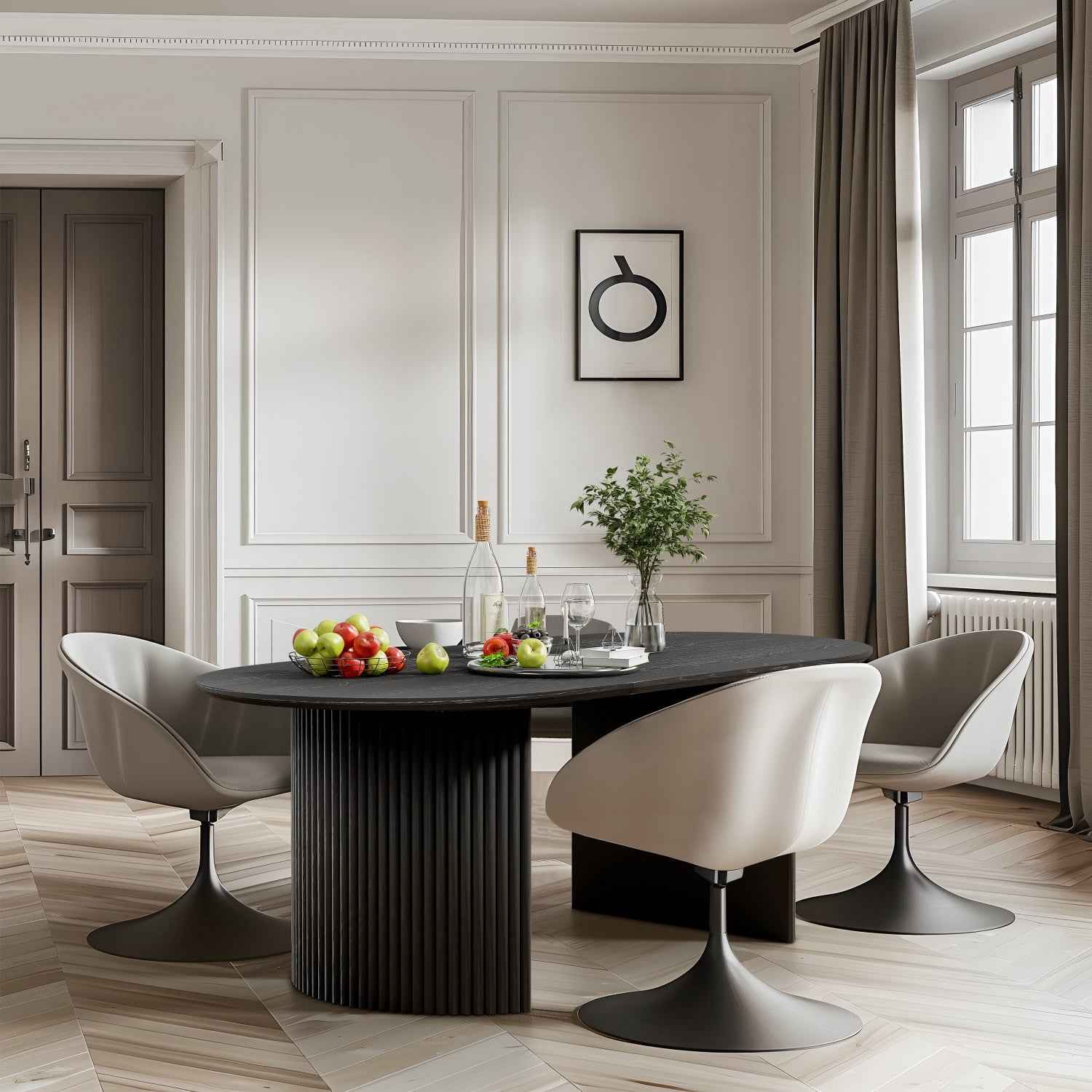 67" Black Wood Double Pedestal Base Oval Dining Table