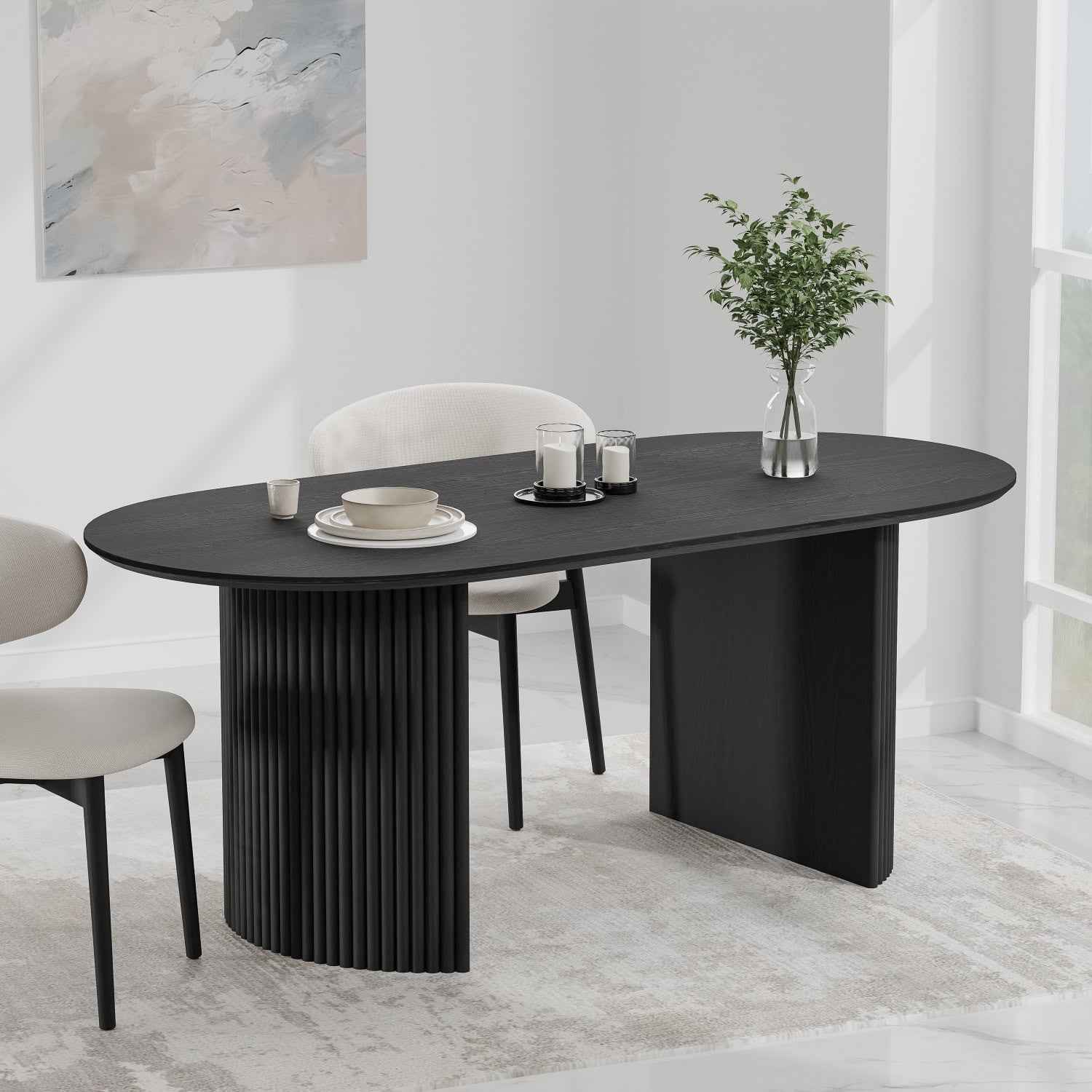 67" Black Wood Double Pedestal Base Oval Dining Table