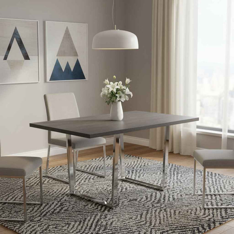 59" Taupe And Silver Metal Sled Base Dining Table