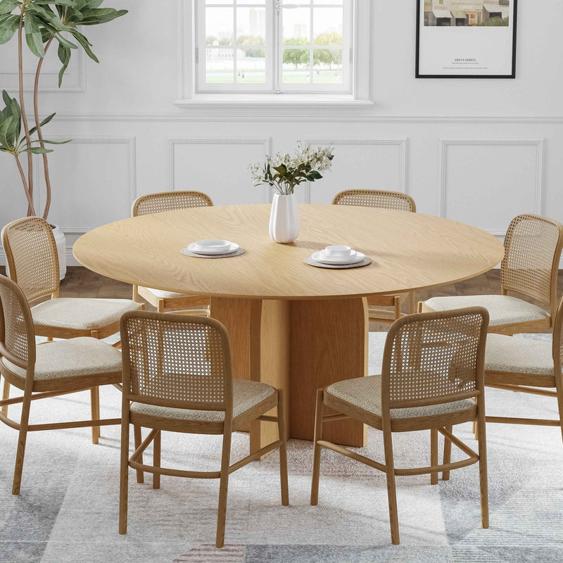 58" Beige Solid Wood Pedestal Base Round Top Dining Table