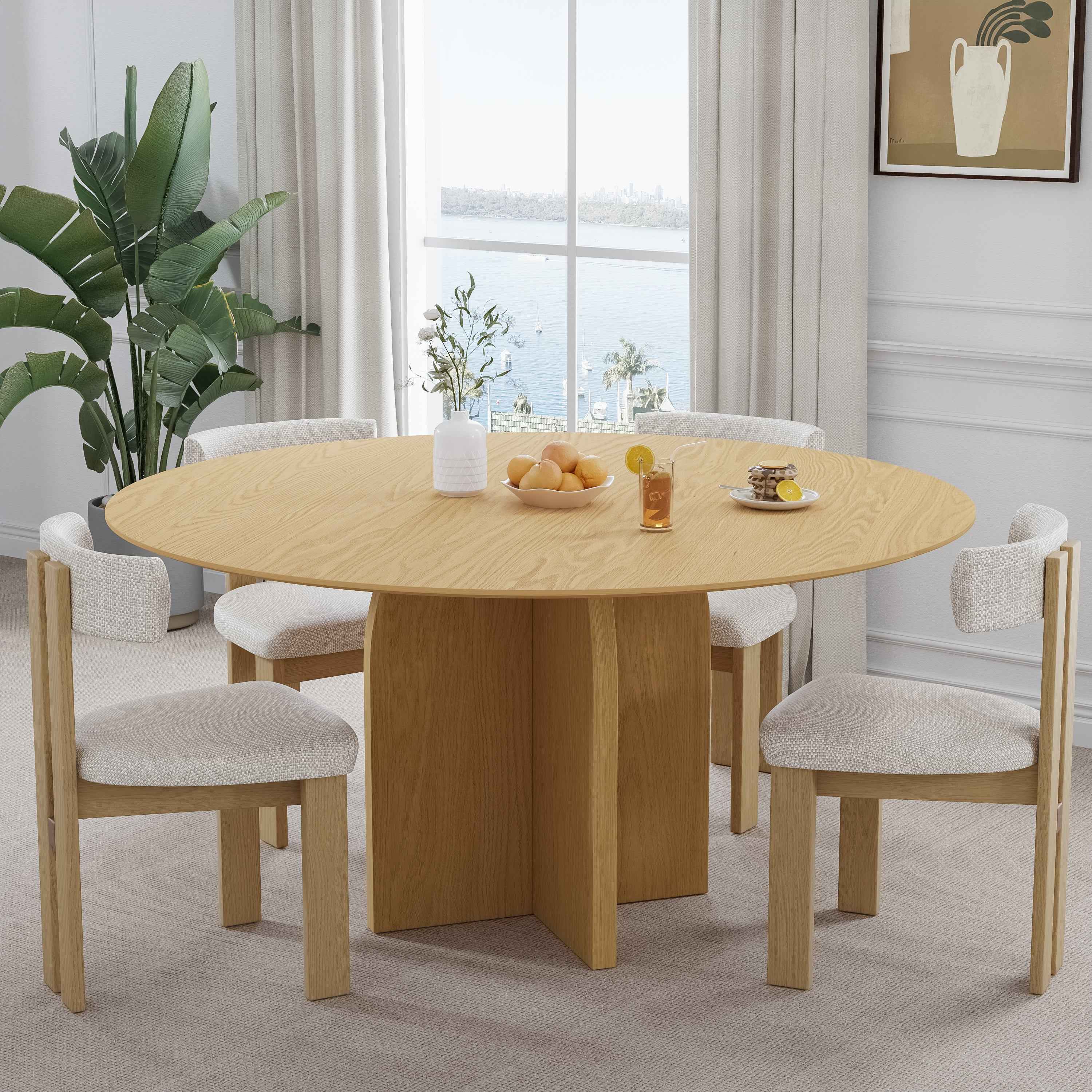 58" Beige Solid Wood Pedestal Base Round Top Dining Table