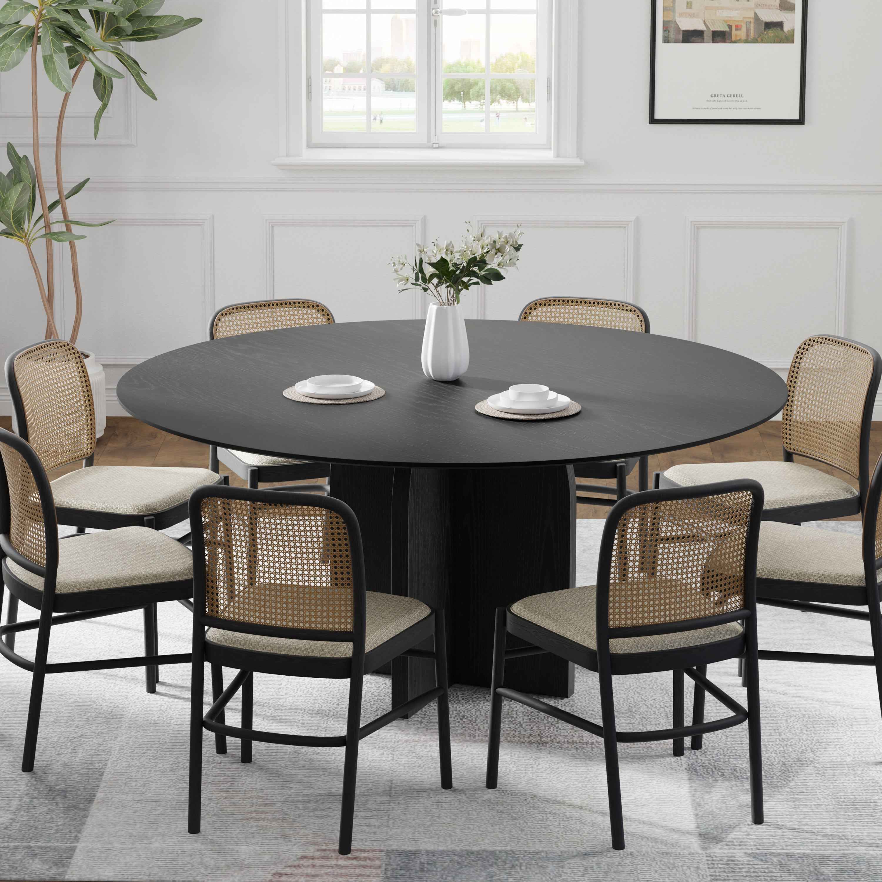 58" Black Solid Wood Pedestal Base Round Top Dining Table