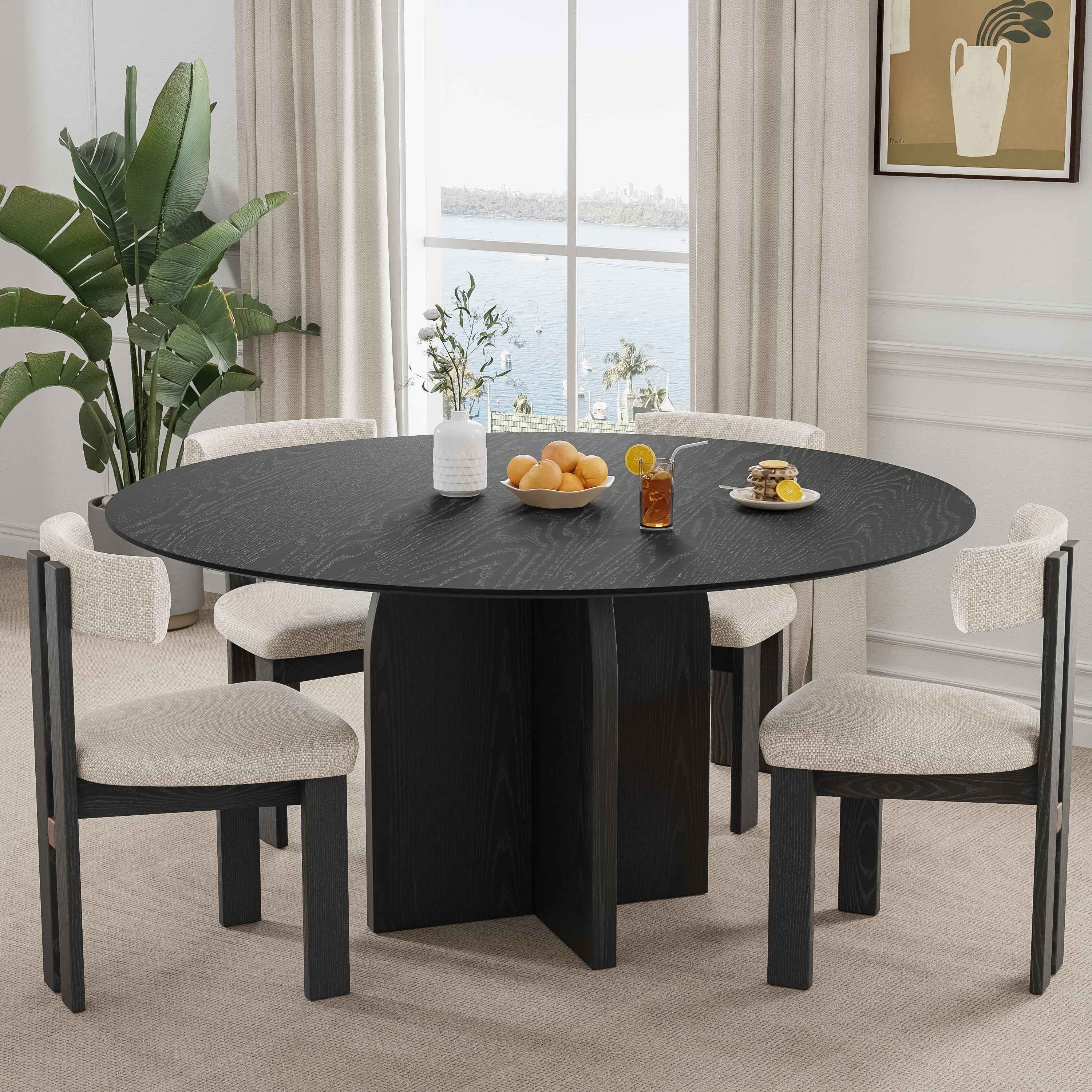 58" Black Solid Wood Pedestal Base Round Top Dining Table