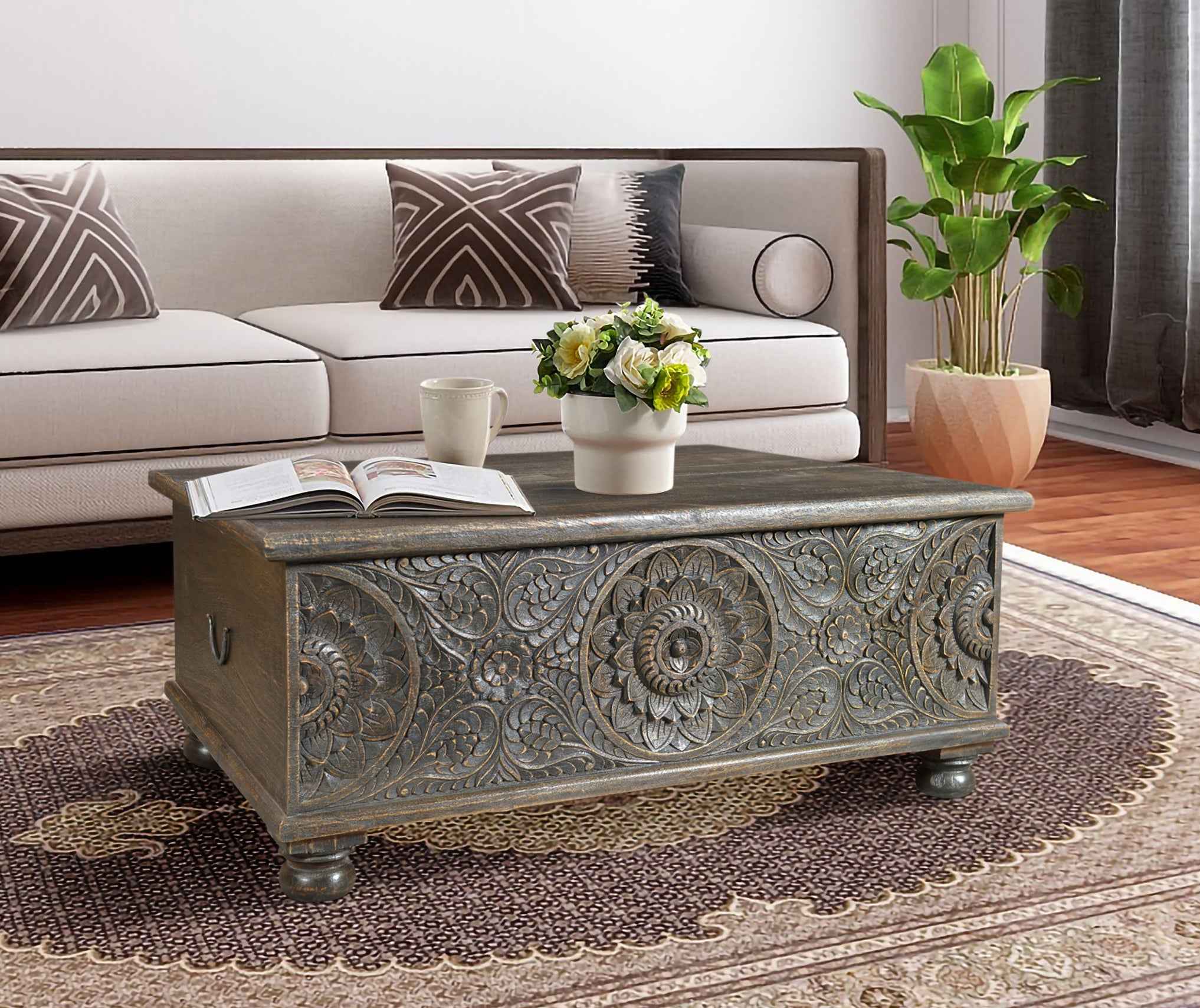 49" Black Solid Wood Distressed Lift Top Coffee Table