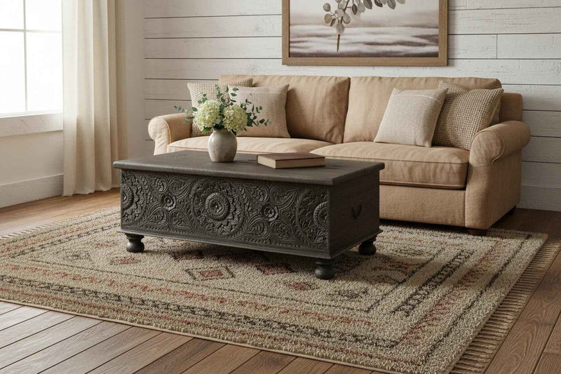 49" Black Solid Wood Distressed Lift Top Coffee Table