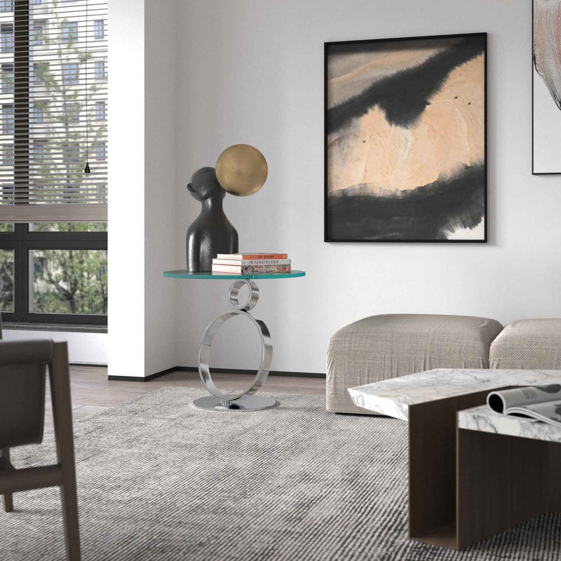 21" Clear and Silver Glass and Metal Round Pedestal End Table