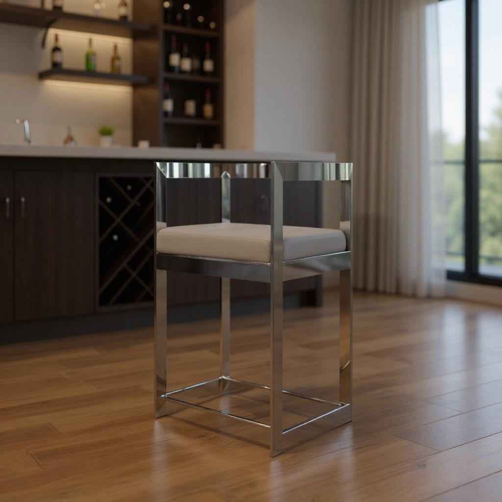 30" Gray and Silver Velvet and Metal Low Back Bar Height Bar Chair