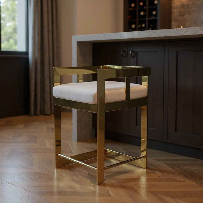 30" Gray and Gold Velvet and Metal Low Back Bar Height Bar Chair