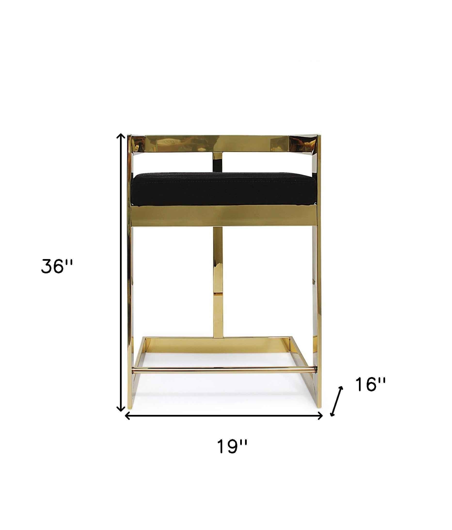 26" Black and Gold Velvet and Metal Low Back Counter Height Bar Chair