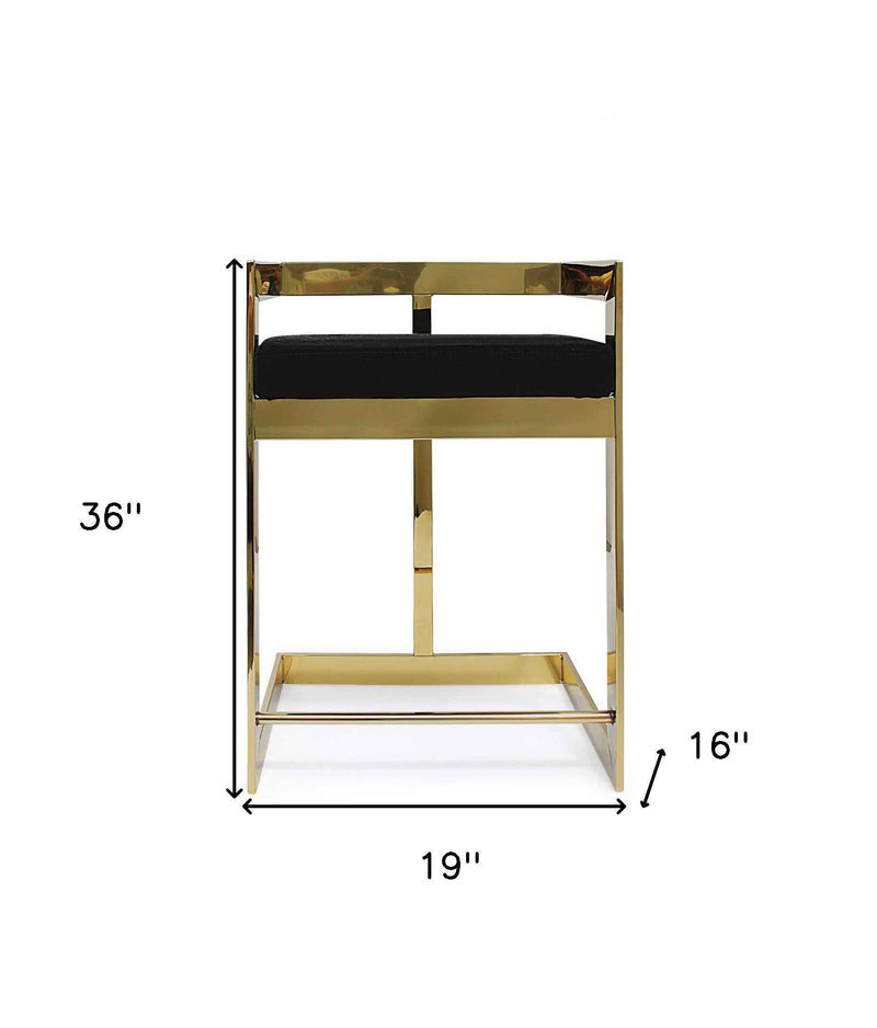 26" Black and Gold Velvet and Metal Low Back Counter Height Bar Chair