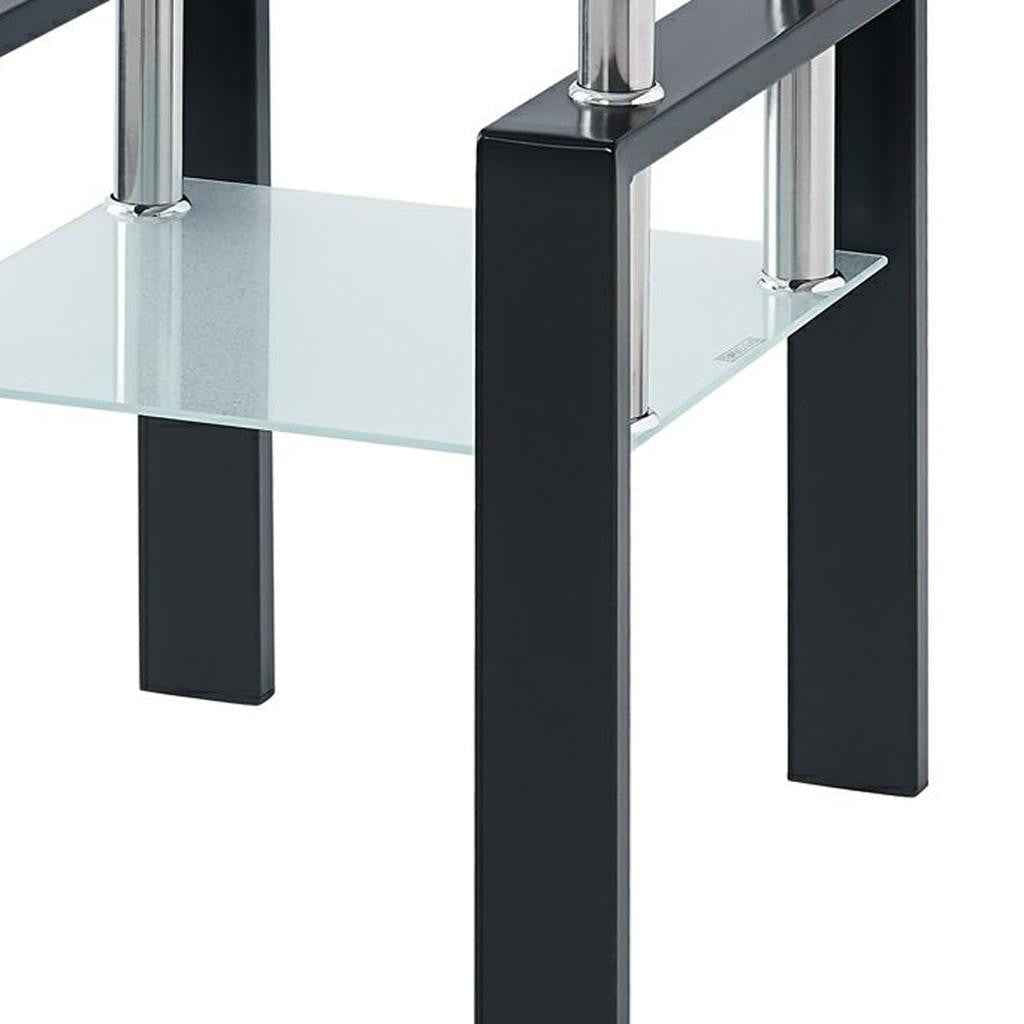 Clear and Black Glass and Metal Square End Tables With Shelf