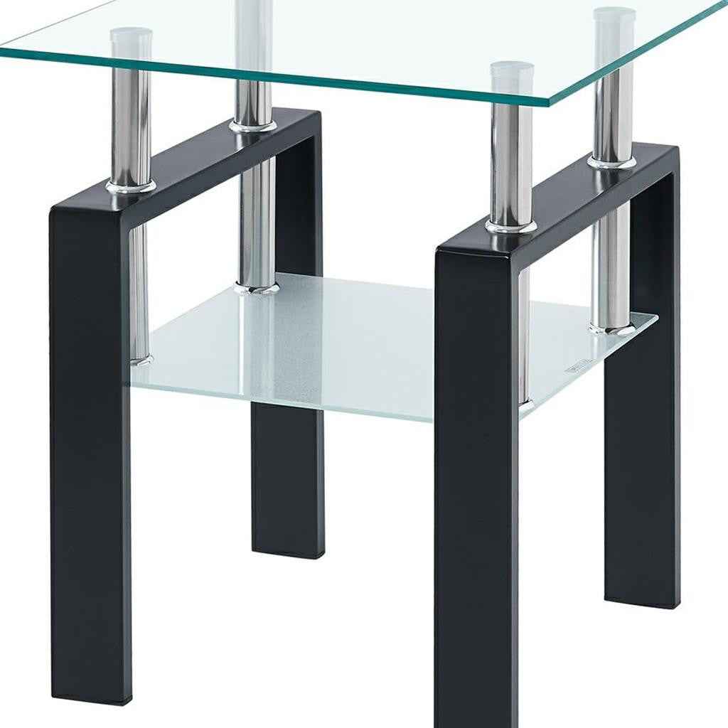 Clear and Black Glass and Metal Square End Tables With Shelf