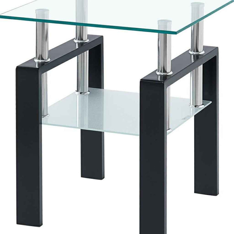 Clear and Black Glass and Metal Square End Tables With Shelf