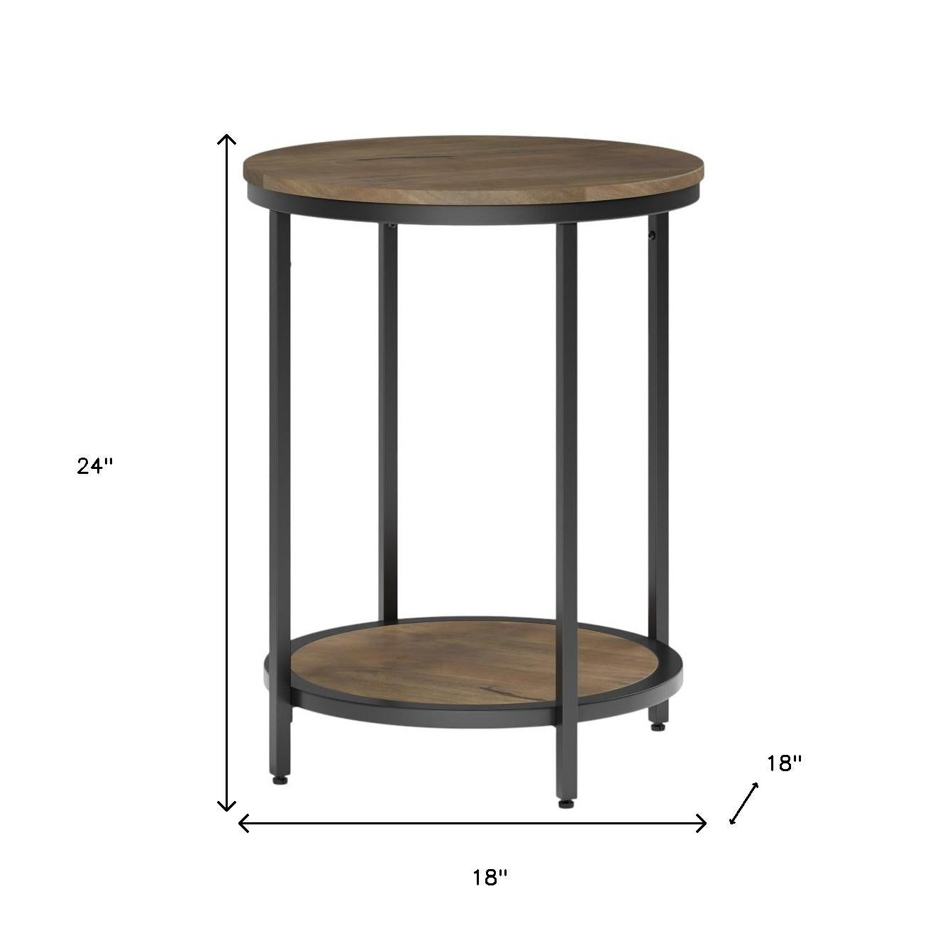 24" Matte Gray and Black Solid Wood and Iron Round End Table With Shelf - Living Room