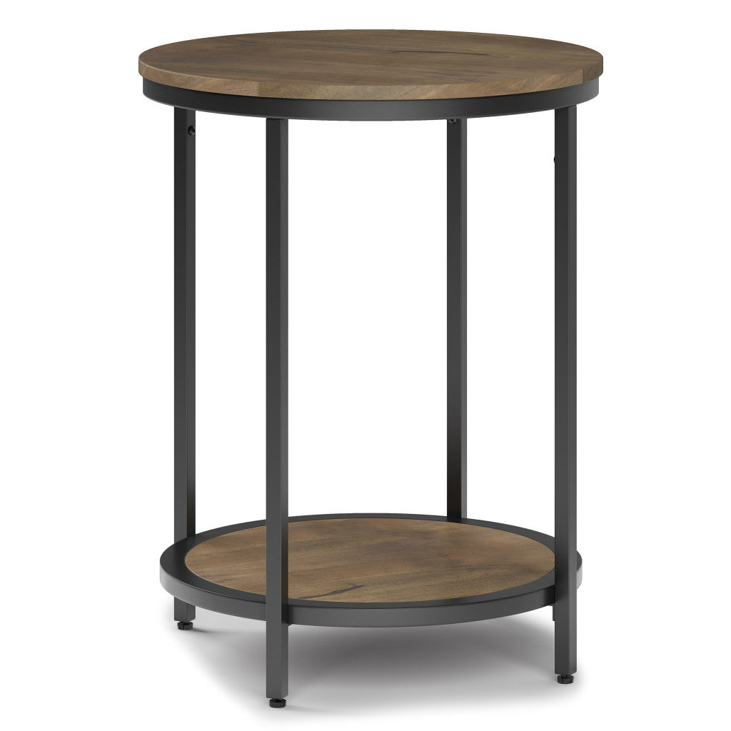 24" Matte Gray and Black Solid Wood and Iron Round End Table With Shelf - Living Room
