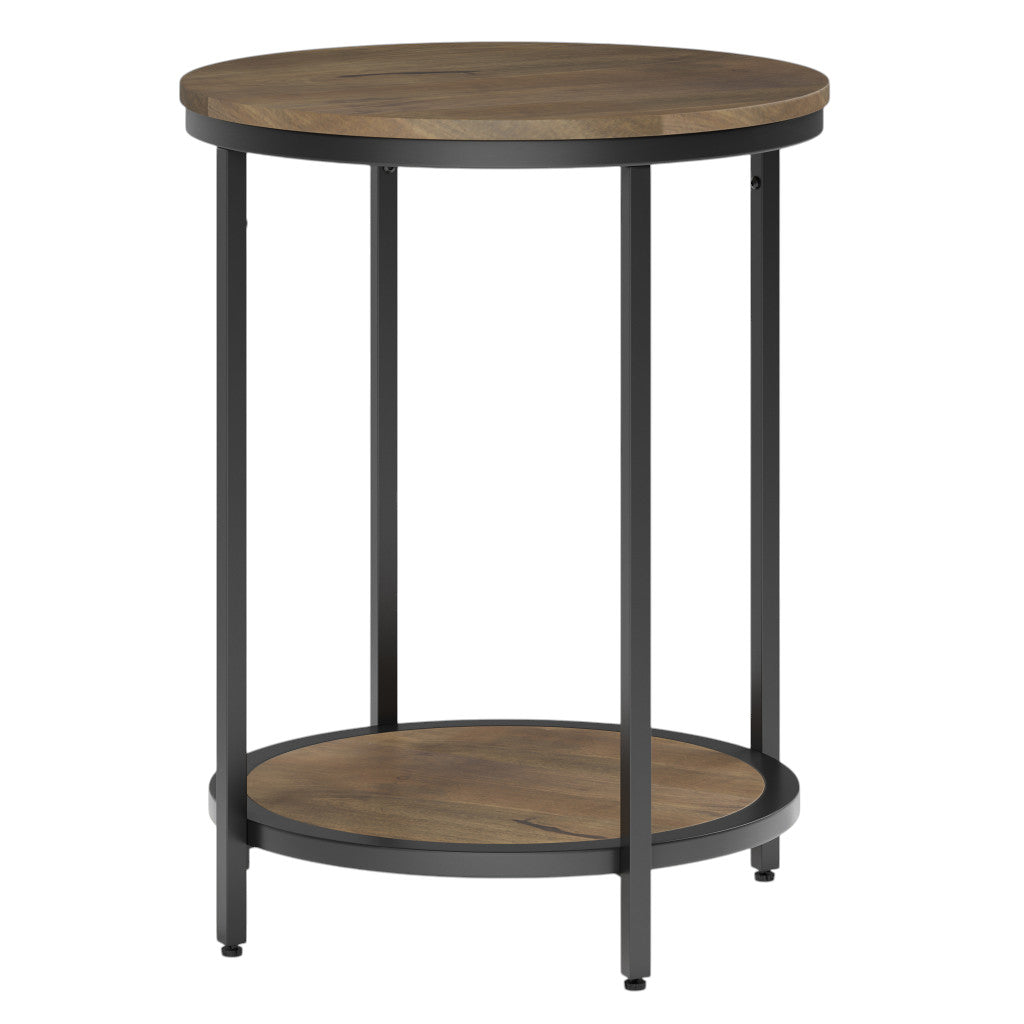 24" Matte Gray and Black Solid Wood and Iron Round End Table With Shelf - Living Room