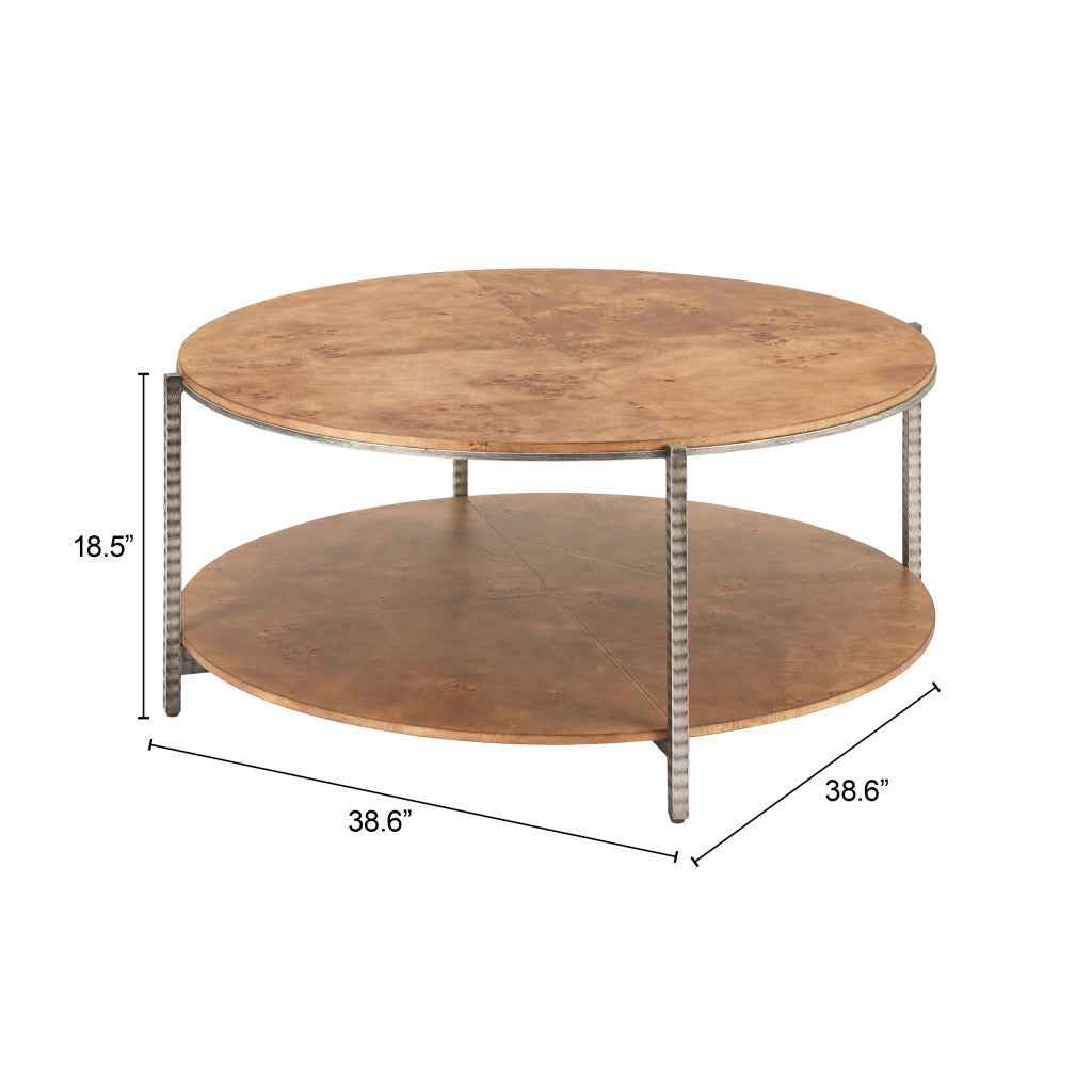 39" Brown Wood and Steel Round Coffee Table