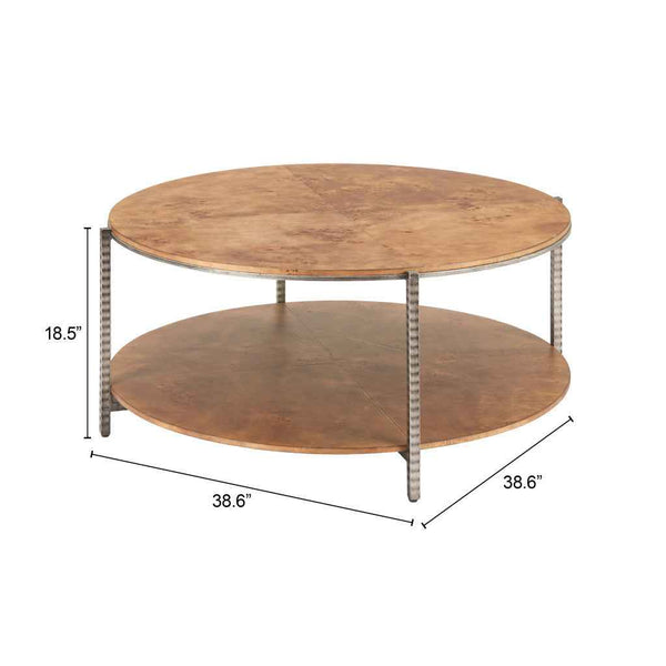 39" Brown Wood and Steel Round Coffee Table