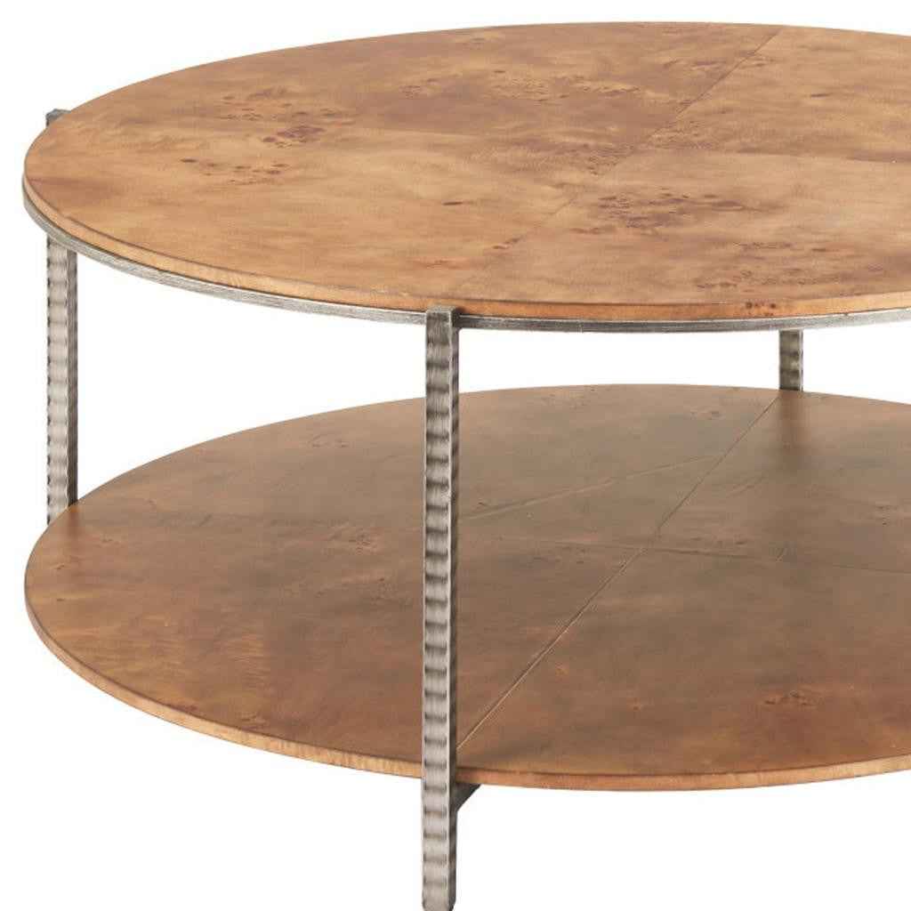 39" Brown Wood and Steel Round Coffee Table