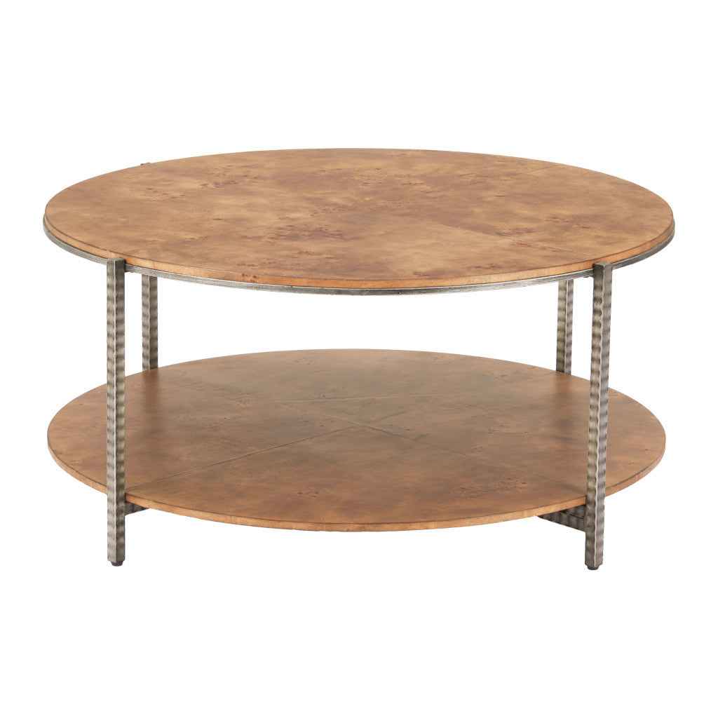 39" Brown Wood and Steel Round Coffee Table