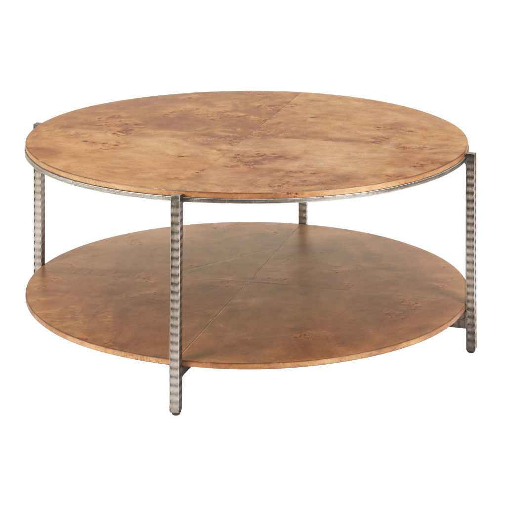 39" Brown Wood and Steel Round Coffee Table