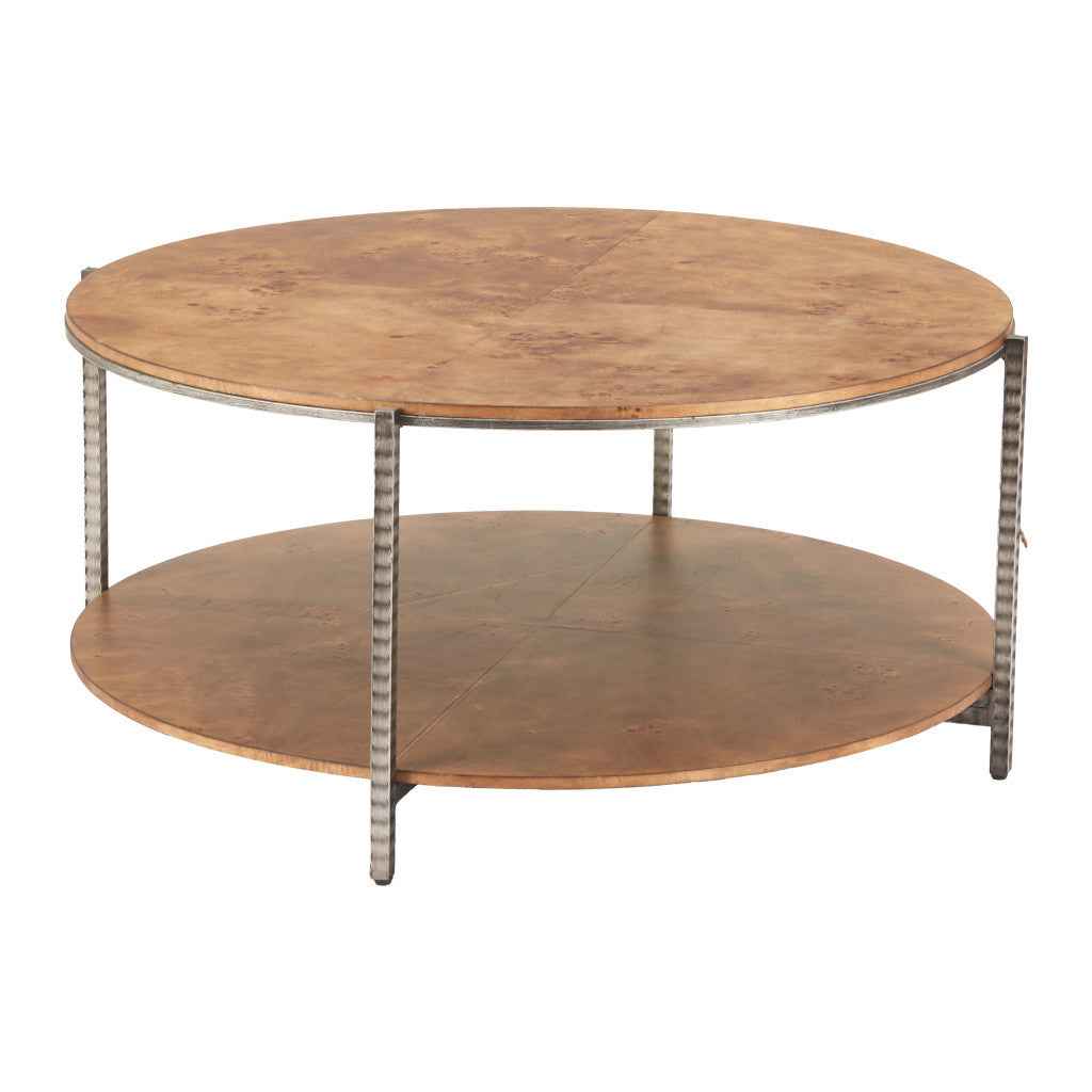 39" Brown Wood and Steel Round Coffee Table