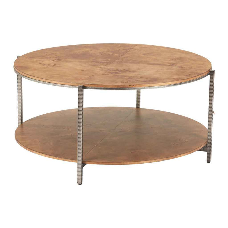 39" Brown Wood and Steel Round Coffee Table