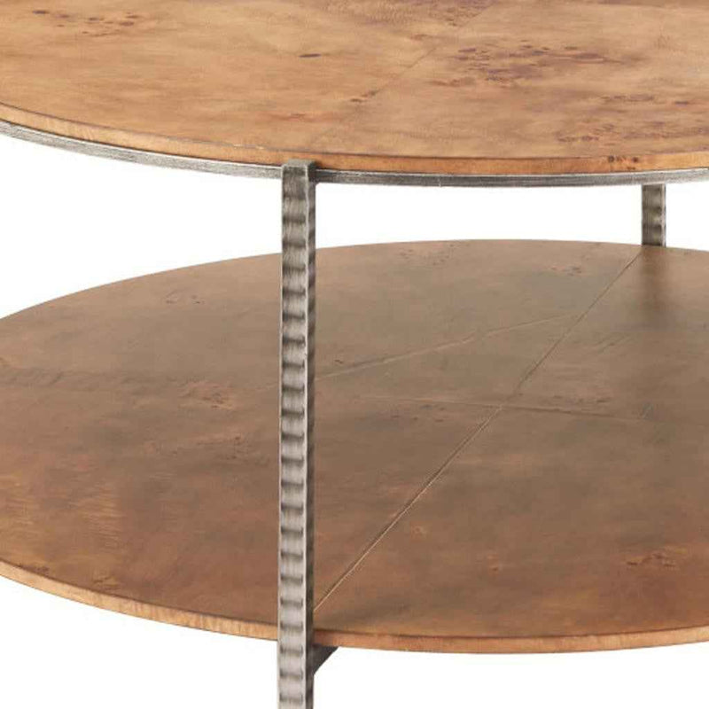 39" Brown Wood and Steel Round Coffee Table
