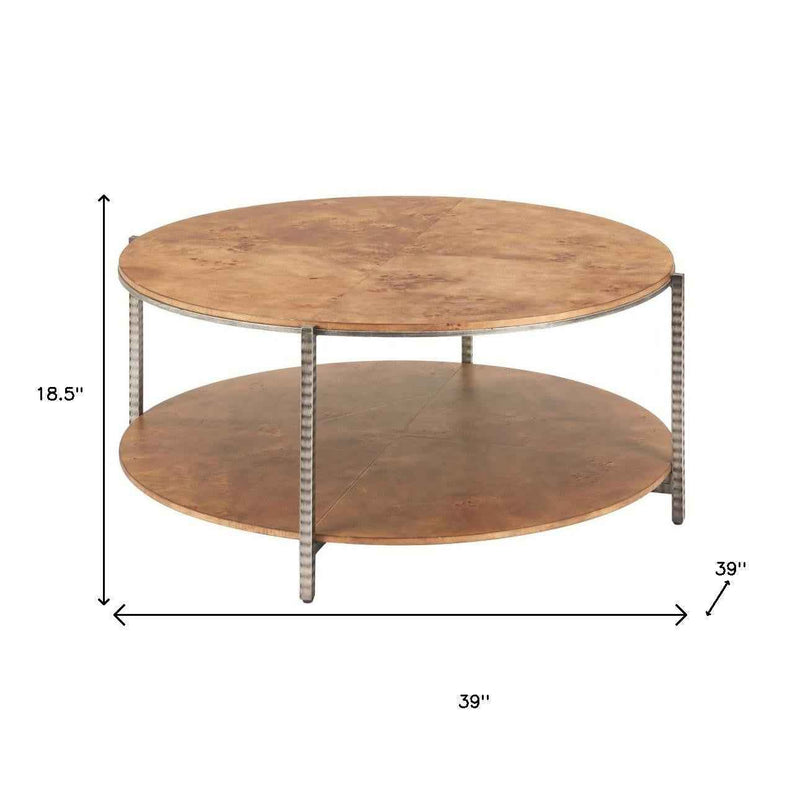 39" Brown Wood and Steel Round Coffee Table