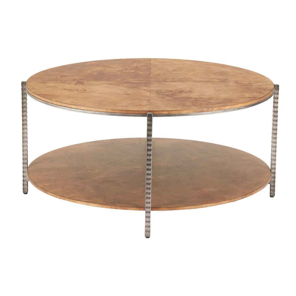 39" Brown Wood and Steel Round Coffee Table