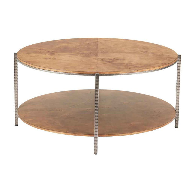 39" Brown Wood and Steel Round Coffee Table