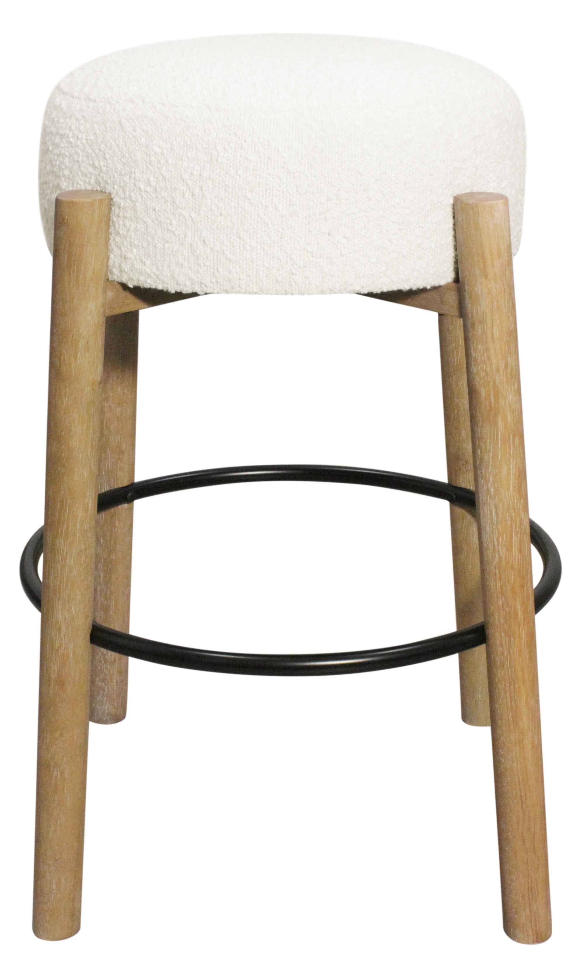 Set of Two Ivory and Natural Fabric and Solid Wood Backless Bar Height Bar Chairs